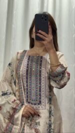 Featuring Lilac Silks Suit which is beautifully decorated with digital prints and hand embroidery and hand works. It is absolutely perfect for your upcoming occasions, it is very easy breezy and comfortable.