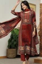 Maroon Printed Kurta Set with Dupatta – m-xxl Fabric -muslin - Image 2