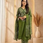 Green or bottle green color bandhej kurta set jaipur collection